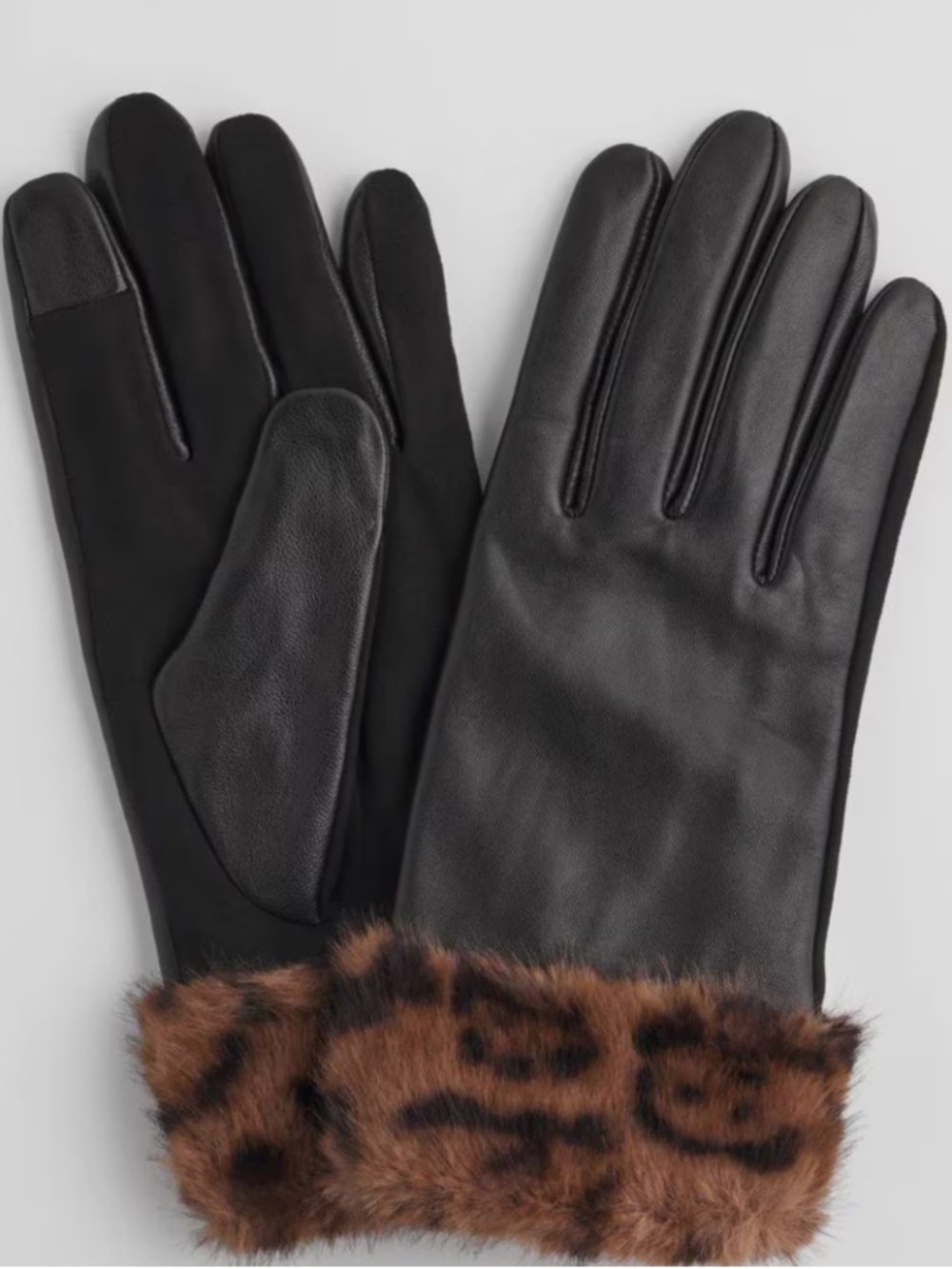 New M/L Chico's Gloves Lambskin Leather Faux Fur Cuff Black Smart Finger tips